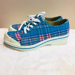 Dansko Vegan Veda Blue Plaid Lace Up Clogs Comfort Sneaker size 7.5-8